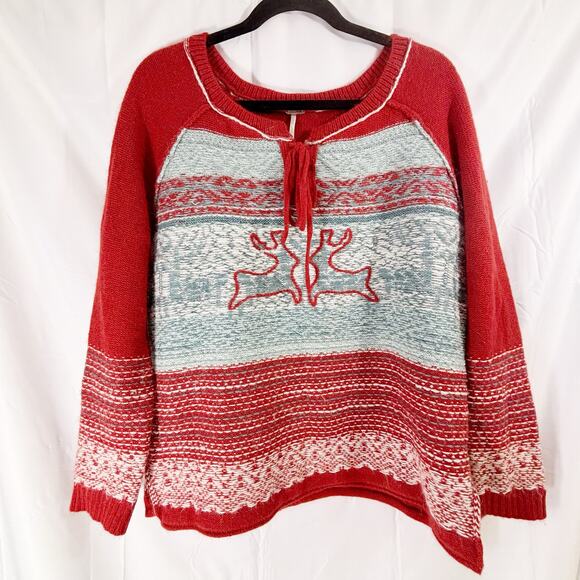 Free People Kissing Reindeer Sweater XS Brick Red Holiday Christmas Fair Isle - Picture 1 of 5